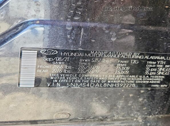 5NMS4DAL8NH392228 2022 HYUNDAI SANTA Charcoal Widok wnętrza 360 stopni
