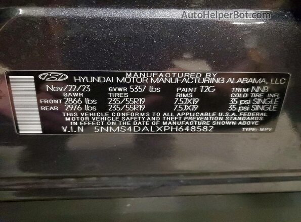 5NMS4DALXPH648582 2023 HYUNDAI SANTA Charcoal Панорамний вид салону 360°