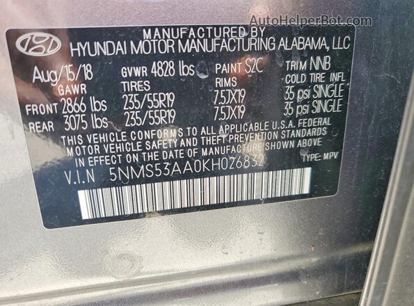 5NMS53AA0KH026832 2019 HYUNDAI SANTA Серый Вид наклейки с VIN-кодом