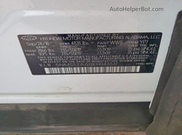 5NMS53AA0KH043517 2019 HYUNDAI SANTA White Widok naklejki z numerem VIN