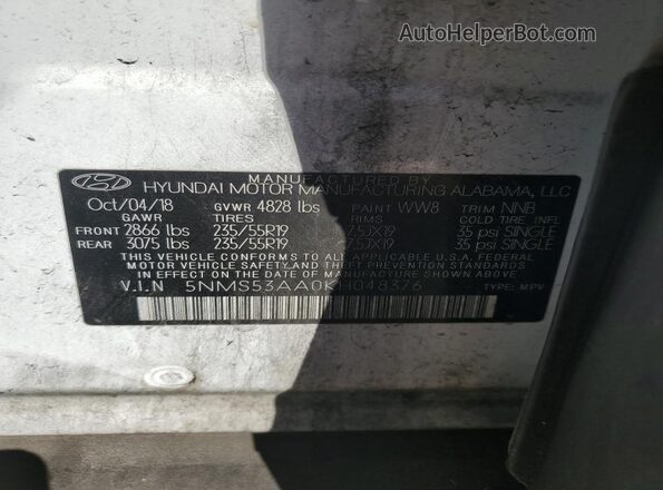 5NMS53AA0KH048376 2019 HYUNDAI SANTA Белый Вид наклейки с VIN-кодом
