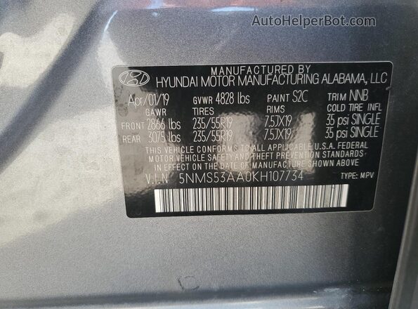 5NMS53AA0KH107734 2019 HYUNDAI SANTA Charcoal Widok naklejki z numerem VIN