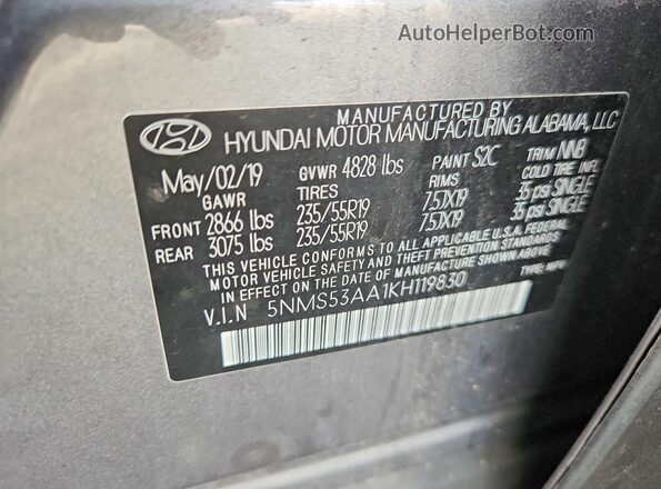 5NMS53AA1KH119830 2019 HYUNDAI SANTA Gray Widok komory silnika