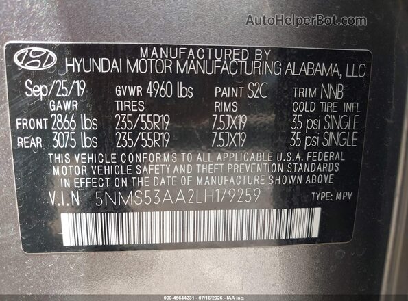 5NMS53AA2LH179259 2020 HYUNDAI SANTA FE Gray Vista del compartimento del motor