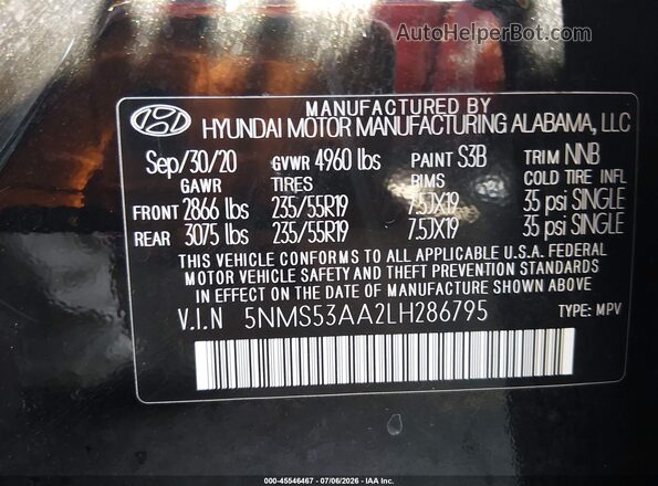 5NMS53AA2LH286795 2020 HYUNDAI SANTA FE Black Widok komory silnika
