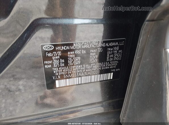 5NMS53AA3LH230011 2020 HYUNDAI SANTA FE Gray Widok komory silnika