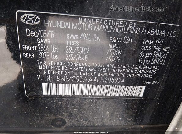 5NMS53AA4LH208924 2020 HYUNDAI SANTA FE Черный Вид подкапотного пространства