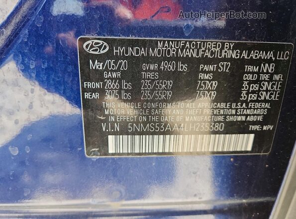 5NMS53AA4LH235380 2020 HYUNDAI SANTA Blue Շարժիչի բաժամունքի տեսք