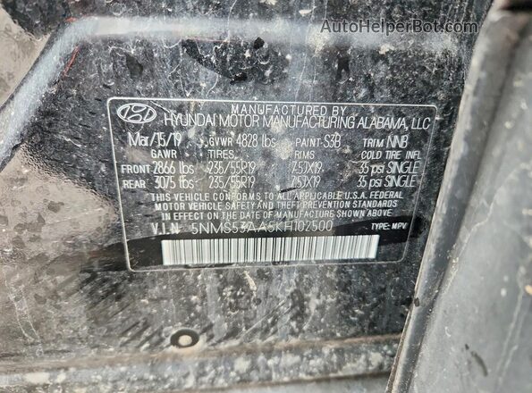 5NMS53AA5KH102500 2019 HYUNDAI SANTA Black Widok naklejki z numerem VIN
