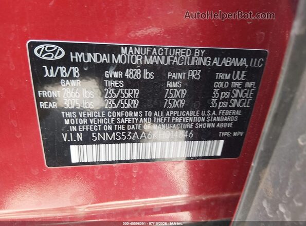5NMS53AA6KH014846 2019 HYUNDAI SANTA FE Red Вид підкапотного простору