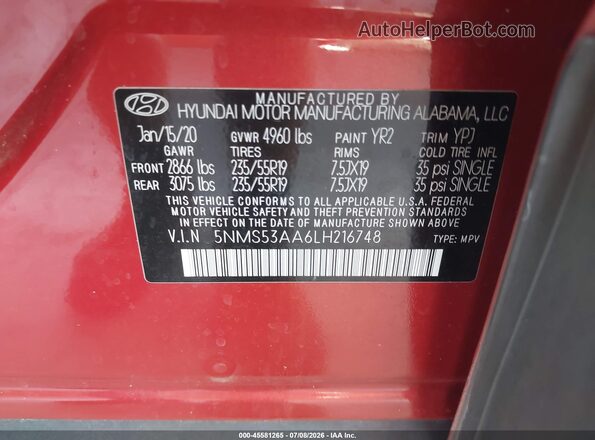 5NMS53AA6LH216748 2020 HYUNDAI SANTA FE Red Engine compartment view