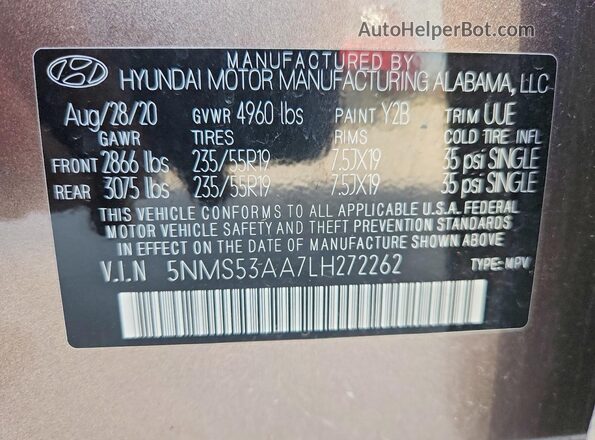 5NMS53AA7LH272262 2020 HYUNDAI SANTA Gray Вид наклейки з VIN-кодом