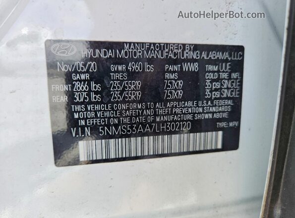 5NMS53AA7LH302120 2020 HYUNDAI SANTA White Widok wnętrza 360 stopni