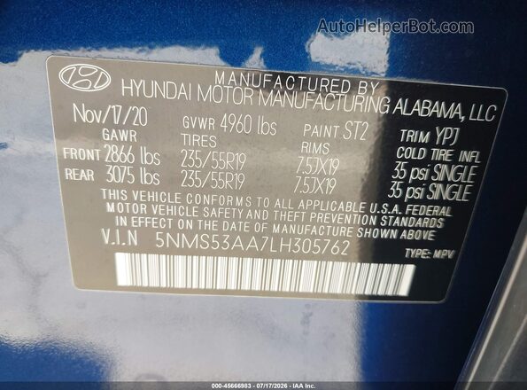 5NMS53AA7LH305762 2020 HYUNDAI SANTA FE Navy Vista del compartimento del motor