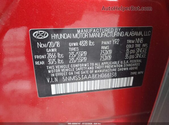 5NMS53AA8KH066138 2019 HYUNDAI SANTA FE Orange ძრავის განყოფილების ხედი