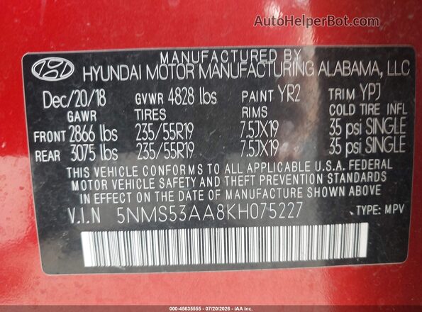 5NMS53AA8KH075227 2019 HYUNDAI SANTA FE Burgundy Vista del compartimento del motor