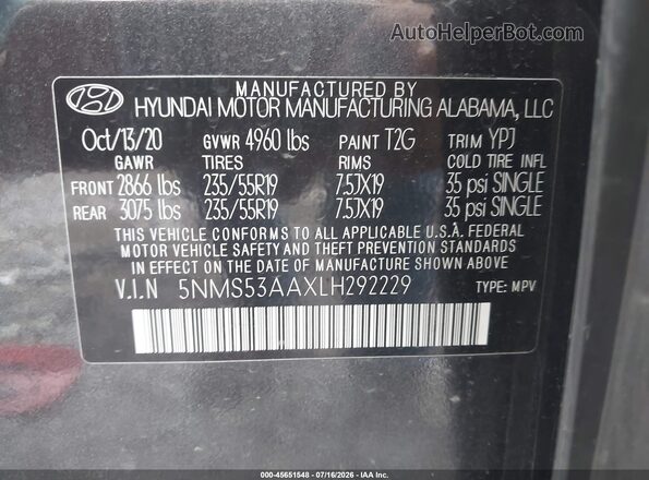 5NMS53AAXLH292229 2020 HYUNDAI SANTA FE Gray Vista del compartimento del motor