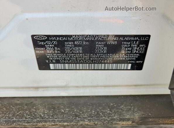5NMS53AD0LH274445 2020 HYUNDAI SANTA White Սալոնի 360 աստիճան տեսք