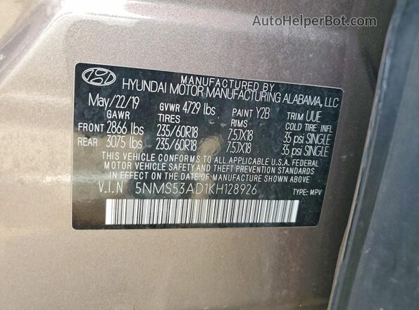 5NMS53AD1KH128926 2019 HYUNDAI SANTA Коричневый Вид наклейки с VIN-кодом