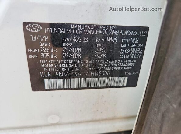 5NMS53AD2LH145008 2020 HYUNDAI SANTA White Vista del compartimento del motor