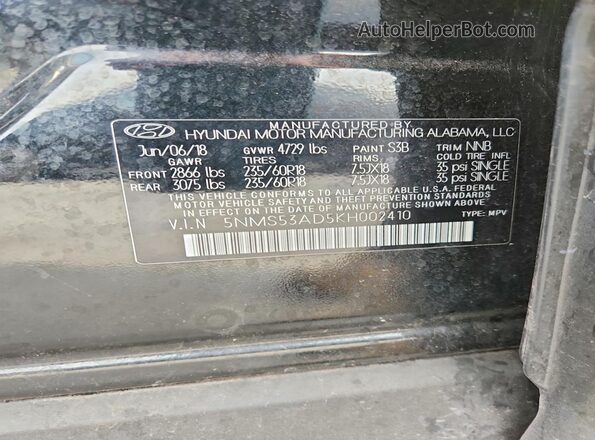 5NMS53AD5KH002410 2019 HYUNDAI SANTA Black Панорамний вид салону 360°