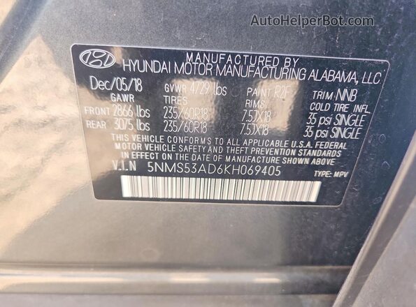 5NMS53AD6KH069405 2019 HYUNDAI SANTA Gray Engine compartment view