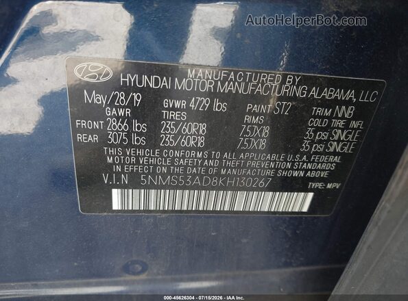 5NMS53AD8KH130267 2019 HYUNDAI SANTA FE Blue Engine compartment view
