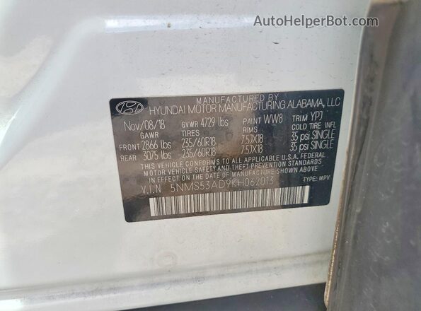 5NMS53AD9KH062013 2019 HYUNDAI SANTA White Vista del compartimento del motor