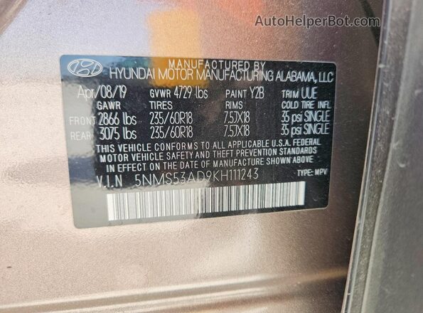 5NMS53AD9KH111243 2019 HYUNDAI SANTA Tan Vista interior de 360 grados