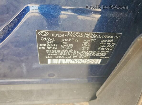 5NMS53AD9LH297562 2020 HYUNDAI SANTA Синий Вид наклейки с VIN-кодом