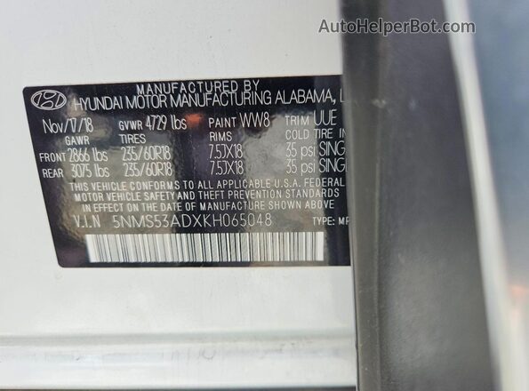 5NMS53ADXKH065048 2019 HYUNDAI SANTA White VIN კოდის სტიკერის ხედი