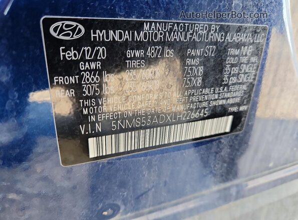 5NMS53ADXLH226645 2020 HYUNDAI SANTA Blue Widok naklejki z numerem VIN