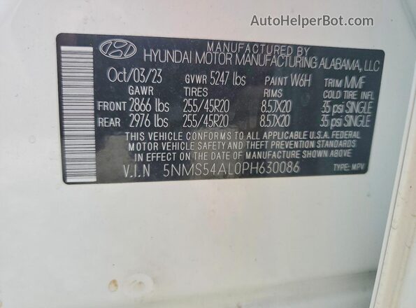 5NMS54AL0PH630086 2023 HYUNDAI SANTA White VIN კოდის სტიკერის ხედი