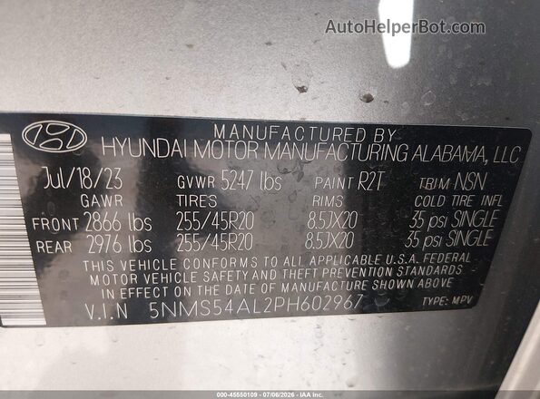 5NMS54AL2PH602967 2023 HYUNDAI SANTA FE Silver Widok komory silnika