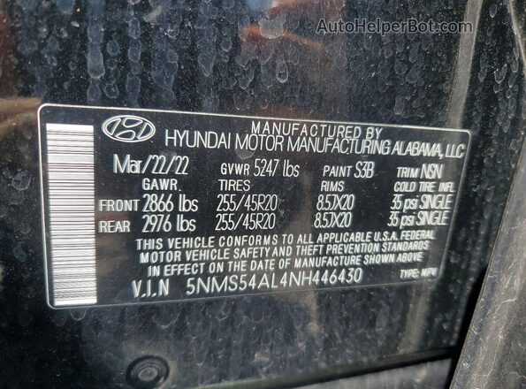 5NMS54AL4NH446430 2022 HYUNDAI SANTA Черный Вид наклейки с VIN-кодом