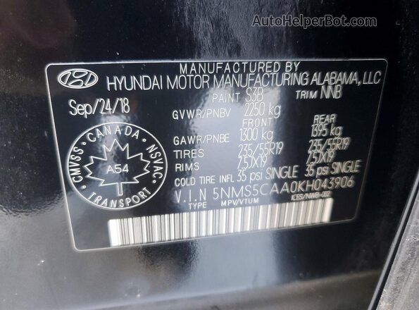 5NMS5CAA0KH043906 2019 HYUNDAI SANTA Black VIN կոդի պիտակի տեսք