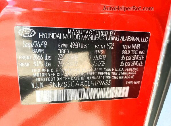 5NMS5CAA0LH179633 2020 HYUNDAI SANTA Orange VIN կոդի պիտակի տեսք