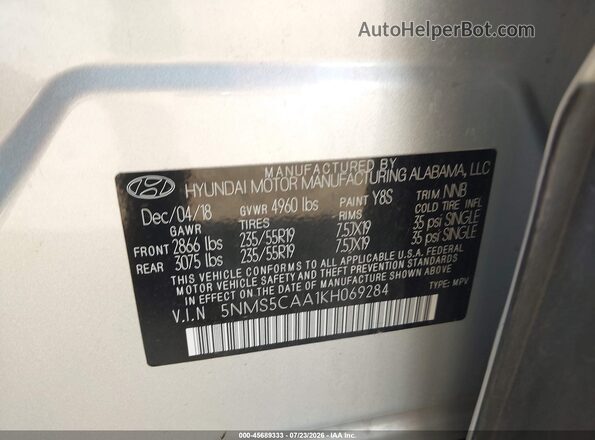5NMS5CAA1KH069284 2019 HYUNDAI SANTA FE Silver Vista del compartimento del motor