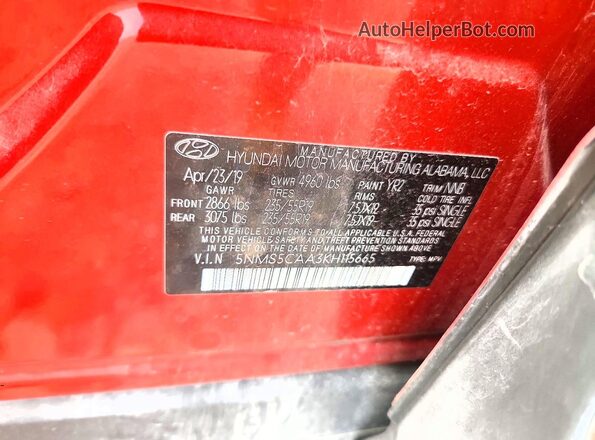 5NMS5CAA3KH115665 2019 HYUNDAI SANTA Red Вид наклейки з VIN-кодом