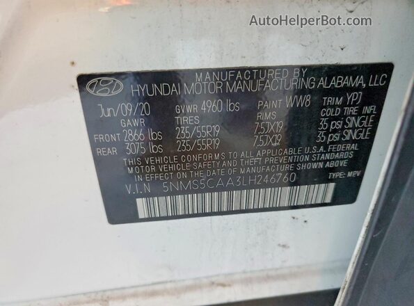 5NMS5CAA3LH246760 2020 HYUNDAI SANTA White Vista de la etiqueta del VIN