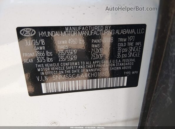 5NMS5CAA4KH018801 2019 HYUNDAI SANTA FE White ძრავის განყოფილების ხედი
