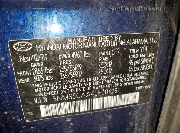 5NMS5CAA4LH304231 2020 HYUNDAI SANTA Blue Widok naklejki z numerem VIN