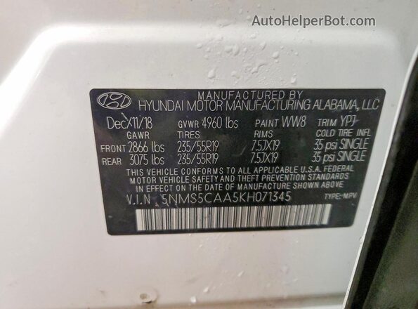 5NMS5CAA5KH071345 2019 HYUNDAI SANTA White VIN կոդի պիտակի տեսք