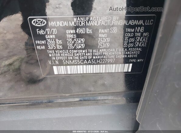 5NMS5CAA5LH227997 2020 HYUNDAI SANTA FE Черный Вид подкапотного пространства
