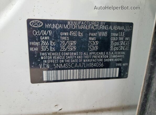 5NMS5CAA7LH184036 2020 HYUNDAI SANTA White Вид наклейки з VIN-кодом