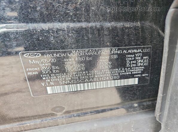 5NMS5CAA8LH241280 2020 HYUNDAI SANTA Black Вид наклейки з VIN-кодом