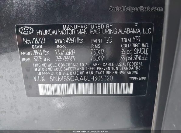 5NMS5CAA8LH305320 2020 HYUNDAI SANTA FE Gray Widok komory silnika