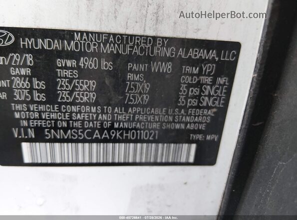 5NMS5CAA9KH011021 2019 HYUNDAI SANTA FE Белый Вид подкапотного пространства