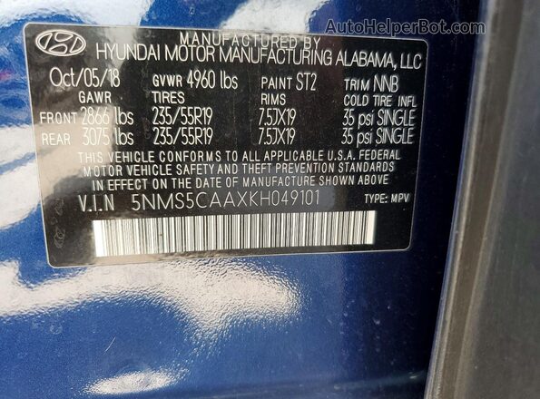 5NMS5CAAXKH049101 2019 HYUNDAI SANTA Blue Engine compartment view