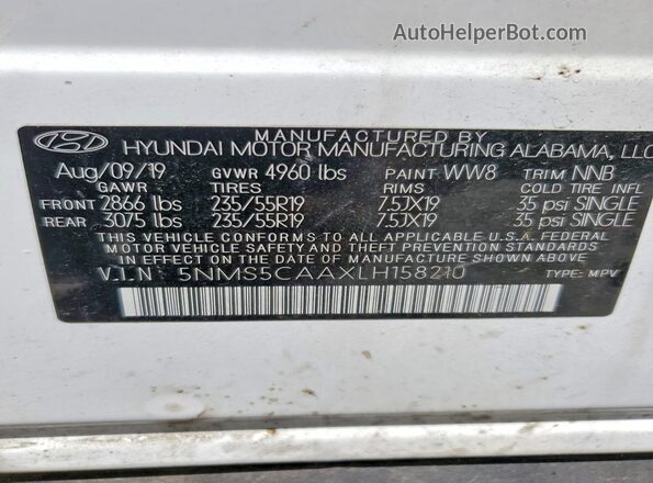 5NMS5CAAXLH158210 2020 HYUNDAI SANTA White VIN sticker view